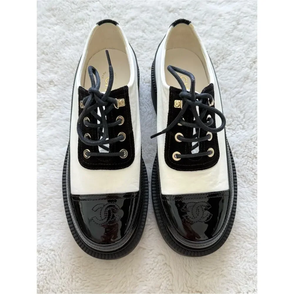 CHANEL women black/white women laces up platform shoes size 36 EU Retail 1275$